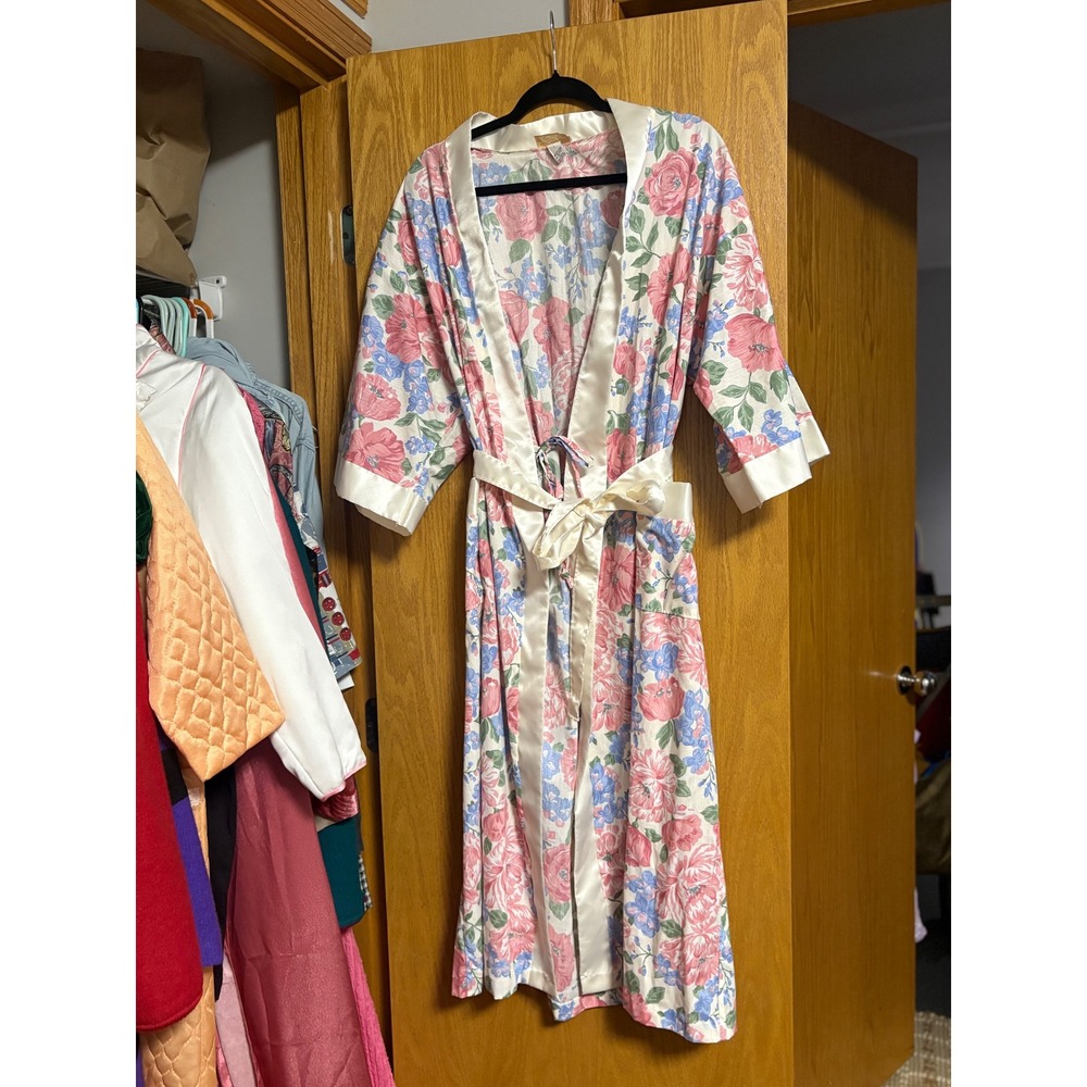 Vintage Floral Robe Satin Trimmed Loungewear Belted Pockets Women's Large L - Picture 3 of 11